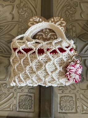Handcrafted Cream Crochet Tote with Red Accents
